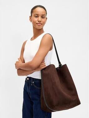 NWT Gap Vegan Suede Brown Large Shoulder Tote with Black Strap